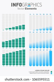 Set of green and blue percentage charts for infographic, 0 5 10 15 20 25 30 35 40 45 50 55 60 65 70 75 80 85 90 95 100 percent. Vector information graphics.