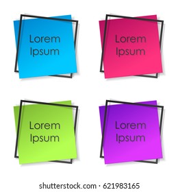 Set of green, blue, pink, purple paper sticker with black frame and lettering on white background. Space for text. Vector illustration. Material design.