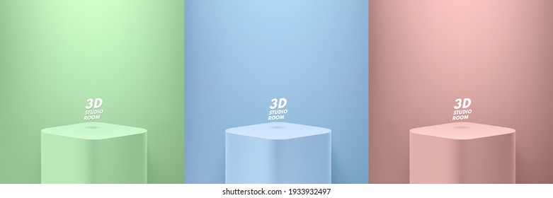 Set of green, blue, pink round corner cube pedestal podium with minimal wall scene. Modern vector rendering 3d shape for products display presentation. Pastel color abstract room. Geometric platform.