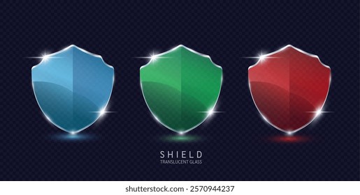 Set of green blue and red shield translucent glass empty for text or logo. Protected guard privacy concept. Safety badge icon. 3D Vector EPS10.