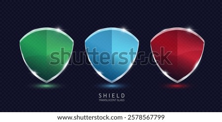 Set of green blue and red shield translucent glass empty for text or logo. Protected guard privacy concept. Safety badge icon. 3D Vector EPS10.