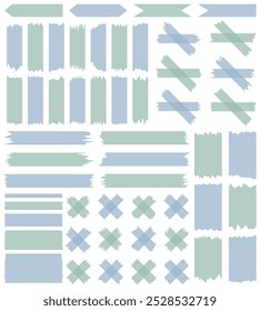 Conjunto de fitas washi verde e azul semitransparentes isoladas no branco. Coleção de fitas em vetor. Pedaços de fita decorativa para livros de recortes. Papel rasgado