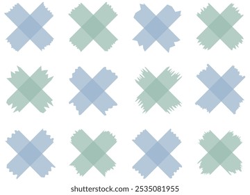 Set of green and blue semi-transparent washi tapes isolated on white. Tapes collection in vector. Pieces of decorative tape for scrapbooks. Torn paper