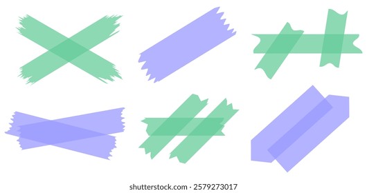 Set of green and blue semi-transparent washi tapes isolated on white. Tapes collection in vector. Pieces of decorative tape for scrapbooks. Torn paper