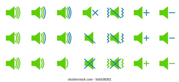 Set of green and blue sound indicator icons, volume up and down, mute, vibration mode flat design vector illustration on white background