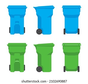 Conjunto de papeleras de basura verdes y azules. Con posiciones delanteras, laterales y traseras sobre un fondo blanco. Con un estilo de diseño plano 