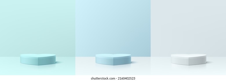 Set of green, blue and  white 3D abstract room with pedestal podium in heart shape. Pastel minimal scene for valentine product display. Vector rendering geometric forms. Stage showcase. Mother day.