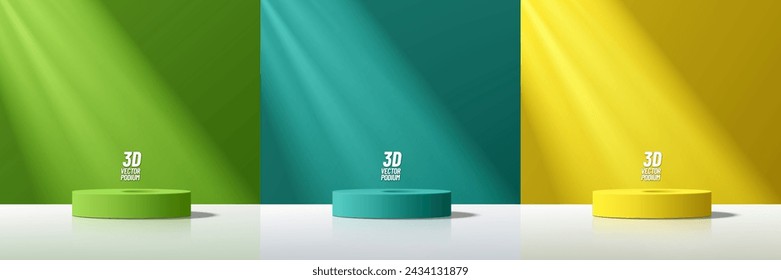 Set of green, blue, yellow cylinder pedestal podium display, Empty room background. Abstract modern vector rendering 3d shape for products display presentation. Pastel minimal wall scene, Studio room.