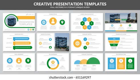 Set of green and blue, yellow elements for multipurpose presentation template slides with graphs and charts. Leaflet, corporate report, marketing, advertising,   book cover design.