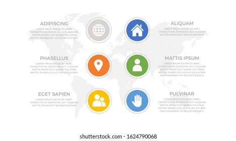 Set of green and blue, yellow, orange elements for infographic with world map presentation slides.