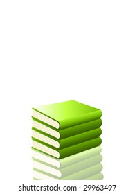 set of green books reflected on a white background