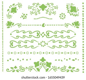 Set of green borders and corners from curls, outlines of flowers and points vector objects isolated on white background.