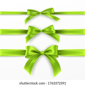 Set Green Bow and Ribbon on white background. Realistic green bow for decoration design Holiday frame, border. Vector illustration