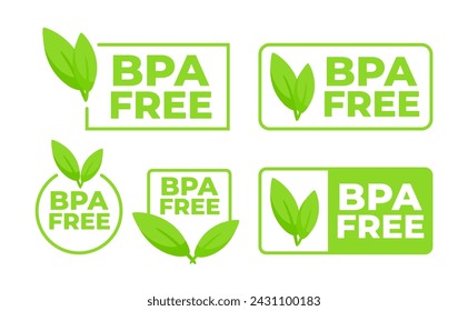 Set of green BPA Free badges with leaf, indicating products free from bisphenol for health and safety.