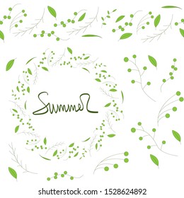 Set of green branches for decoration of postcard or invitation on a white background. Cartoon style.
