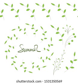 Set of green branches for decoration of postcard or invitation on a white background. Cartoon style.