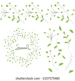 Set of green branches for decoration of postcard or invitation on a white background. Cartoon style.
