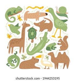 Set with green and brown animals. Capybara, cute croco, bactrian camel, lovely bird, parrot, turtle, chameleon, tall giraffe, insects. Amazing little zoo or farm with wild creatures. Kids style fauna