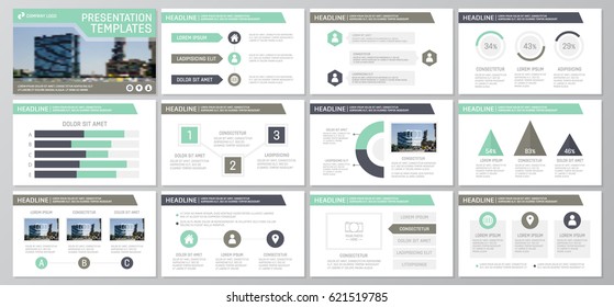 Set of green and brown elements for multipurpose presentation template slides with graphs and charts. Leaflet, corporate report, marketing, advertising,  book cover design.