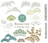 Set of green and brown hand drawn branch of bonsai tree with Japanese pattern vector. Oriental pine tree decoration with logo design, flyer or presentation in vintage style.