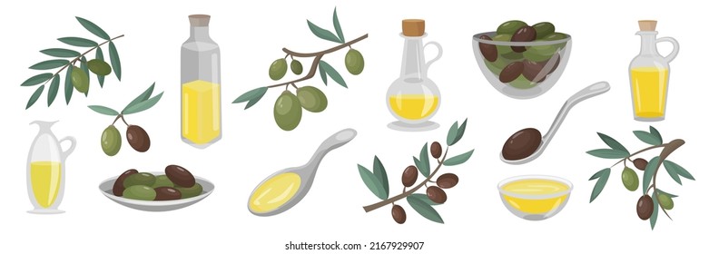 Set of green and brown olives and their products in cartoon style. Vector illustration of branches of olives, berries in a plate, olive oil in bottles, plate and spoon.