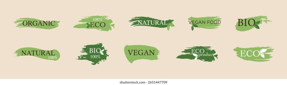 Set of green brush badges for healthy food. Natural bio labels set icon, healthy foods badges, fresh eco icon