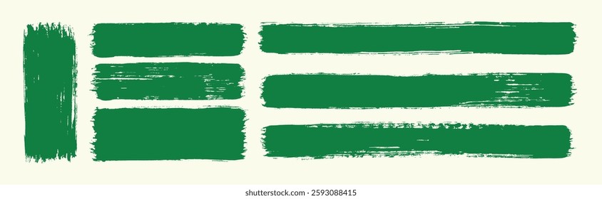Conjunto de traçado de pintura de pincel verde com textura orgânica. Linhas retas para banner ou design ecológico. Ilustração do vetor de ecologia.
