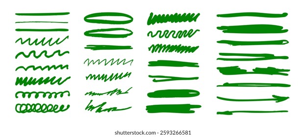 A set of green brush strokes that are used for drawing. The strokes are all different sizes and shapes, and they create a sense of movement and energy. The brush strokes are arranged in a row