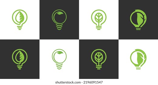Set of Green bulb logo design vector with leaf logo design