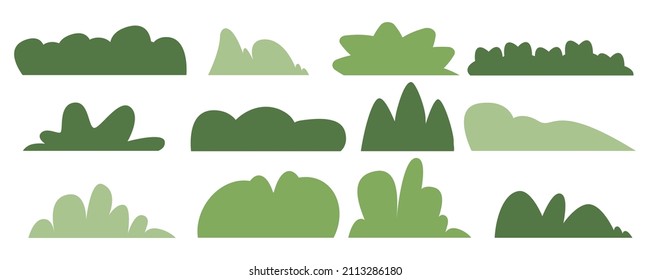 Set of green bush or shrubbery silhouette flat vector illustration. Simple garden landscape with cartoon shrub. Summer backyard grass, hedge, vegetation. Abstract plant isolated on white background