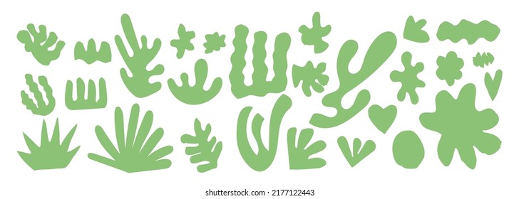 Set of green bush or shrubbery silhouette flat vector illustration. Simple garden landscape with cartoon shrub. Summer backyard grass, hedge, vegetation. Abstract plant isolated on white background