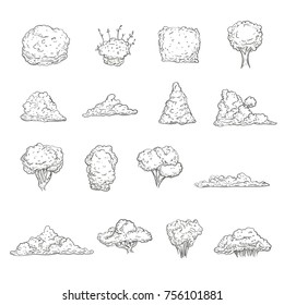 Set of green bushes different shape  in hand drawn sketch style. Isolated on white background. Vector illustration.