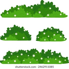 Set of Green Bushes with Flower. Simple Grass Element Collection. Vector Flat Illustration on White Background