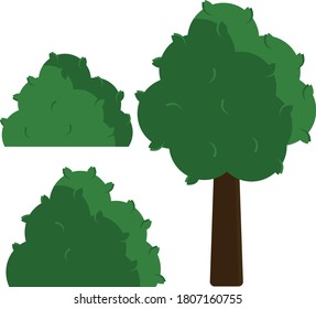 set of green bushes and trees, flat vector illustration