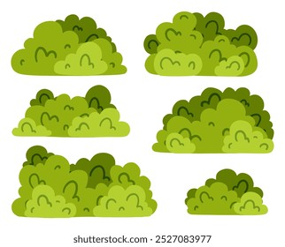 A set of green bushes in various shapes and sizes. Ideal for use in design projects such as landscape illustrations, nature-themed materials, or background elements. Bushes collection.