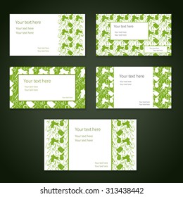 Set of green business cards with different items for horses and place for your text. Vector. 