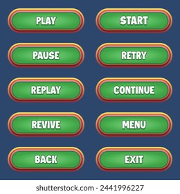 Conjunto de botones verdes con efecto de texto editable para juegos móviles interfaz de juego botones ui conjunto