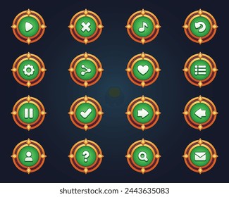 Conjunto de botones verdes para juegos móviles interfaz de juegos de dibujos animados ui botones set juego ui botones kit