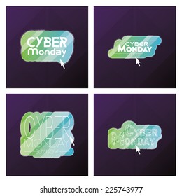 a set of green buttons with text for cyber monday on black backgrounds