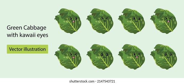 Set Green Cabbage with kawaii eyes. Flat design vector illustration of green cabbage on green background