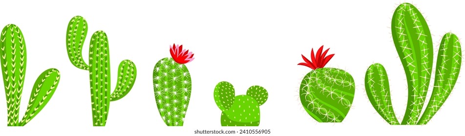 Conjunto de cactus verdes con diferentes motivos y flores. Colección de plantas del desierto para la ilustración del vector de decoración.