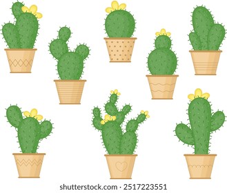 Conjunto de Cactos Verdes. Cactos decorativos em panela. Ilustração do vetor da planta da casa.