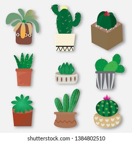 Set of green cactus in different vase,vector illustration paper art style.