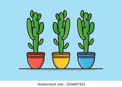 Set of Green Cactus Plant In Vas vector illustration. Healthcare and Nature object icon concept. desert green cactus plant collection vector design. Home plant cactus symbol graphic design.