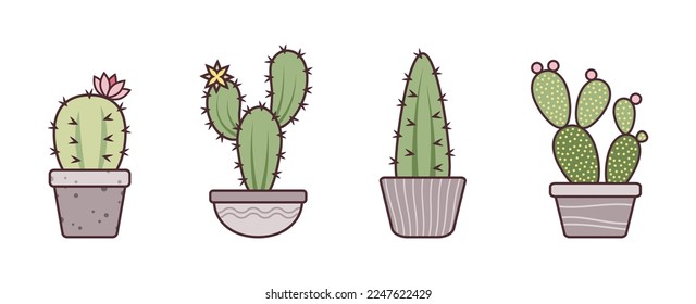 Set of green cactus in pots. Can be used for textile, wallpapers, gift wrap, icons, stickers. Isolated vector illustration on white background.	