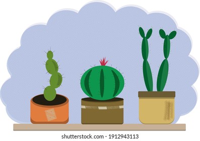 set of green cactuses  on the table, flowers, vector illustration, flat illustration