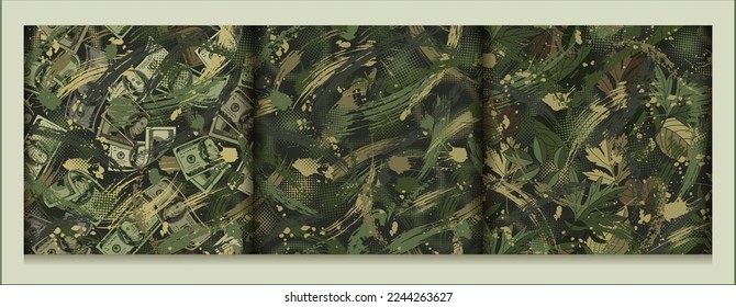 Set of green camouflage patterns with grunge paint brush strokes, halftone shapes, leaves, dollar banknotes. Dense composition with overlapping elements. Good for t-shirt design, textile, sport goods