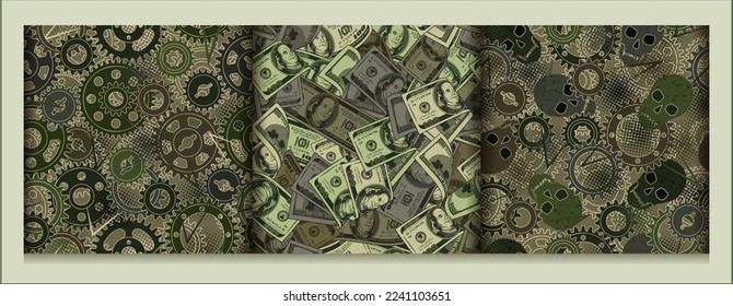 Set of green camouflage patterns with skulls, gears, halftone shapes, dollar bills. Dense composition with overlapping elements. Good for t-shirt design, apparel, fabric, textile, sport goods