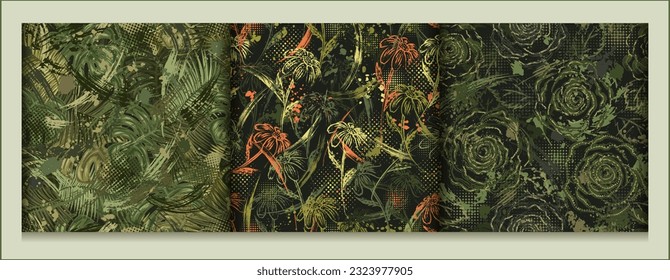 Set of green camouflage seamless patterns with roses, tropical foliage, chamomiles. Dense composition with random overlapping elements. Good for t-shirt design, apparel, fabric, textile, sport goods