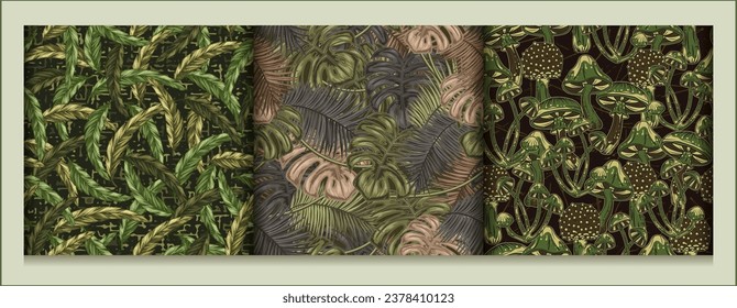 Set of green camouflage seamless patterns with feathers, tropical foliage, mushrooms. Dense composition with random overlapping elements. Good for t-shirt design, apparel, fabric, textile, sport goods